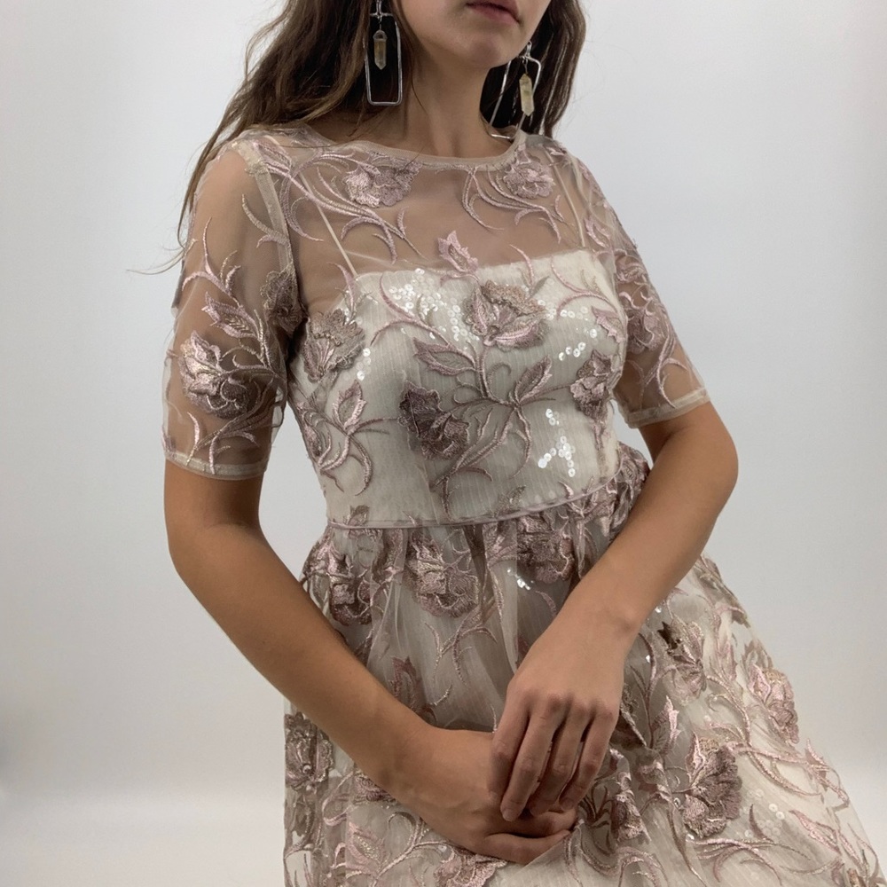 Floral lace sequin formal pink cream maxi gown